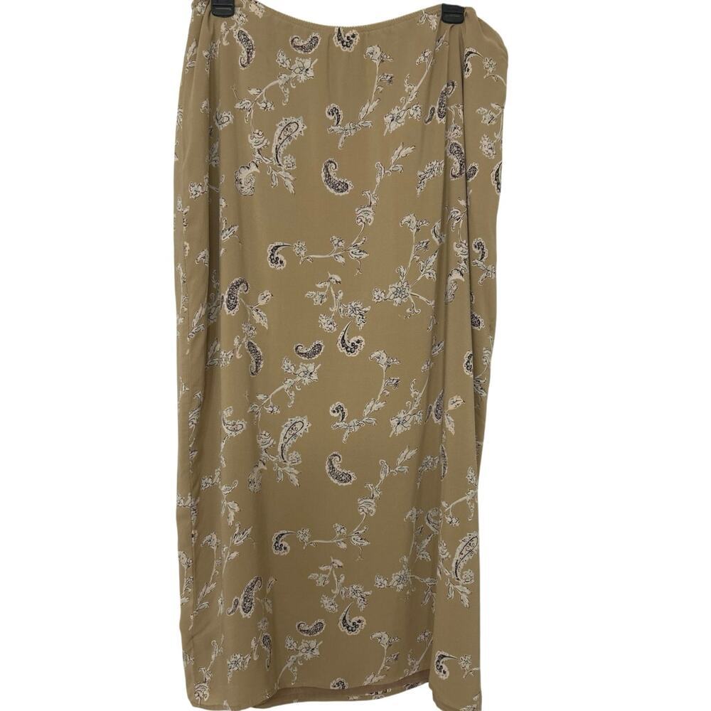 Vintage Y2K Silk Tan Paisley Floral Midi Skirt Size 1X Neutral Earthy Boho Indie